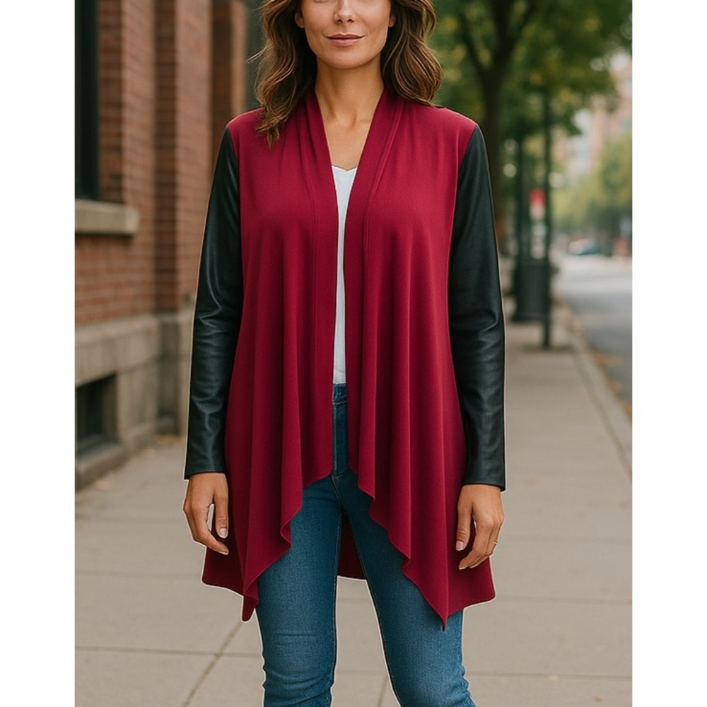 Joan‎ Rivers Luxe Knit Draped Cardigan Black Faux Leather Sleeve Size L Merlot